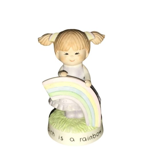 Faith is a Rainbow Little Girl Figurine- Holding a Rainbow, Wearing Pigtails - Picture 1 of 5